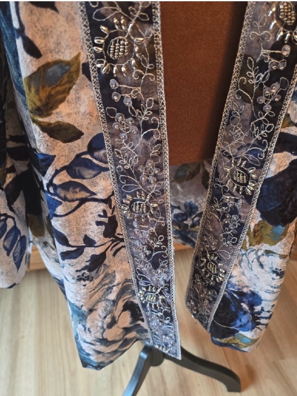 Susan Graver Artisian Embroidered Floral Open-Front Cardigan in Blue and Cream - Picture 2 of 3